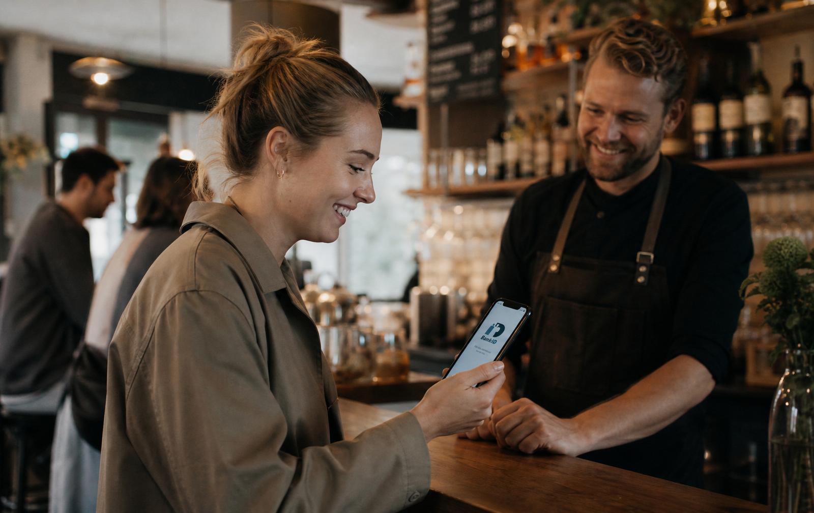 Kund verifierar sig med BankID på mobilen i kassan